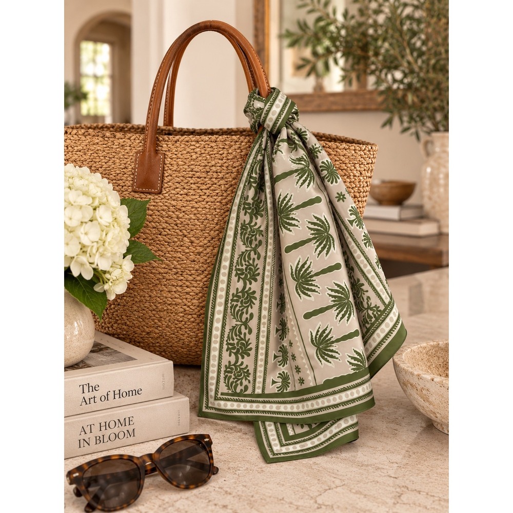 Tropical Palm Tree Print Square Scarf Olive Green Tan Neckerchief 27x27